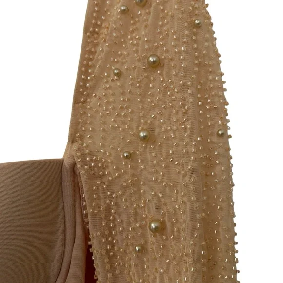 Oh Polly St. Germain Ruched Embellished Beaded Long Sleeve Mini Dress Sz 6 Beige - Picture 7 of 12